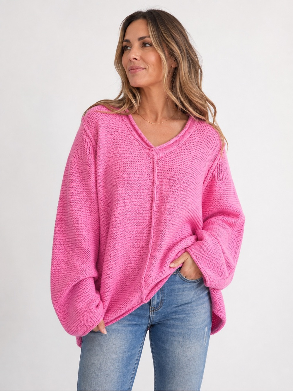 Pure Handknit Chunky Sweater Pink Pullover Loose 100% Cotton SZ M / L